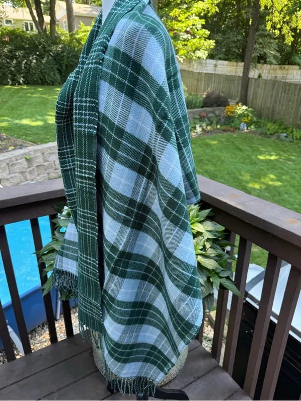 J.CREW Women's Green Gray Plaid Fringe Knit Acrylic Wrap Scarf - Image 5