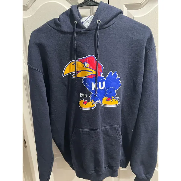 Champion KU Jayhawks Hoodie Women’s M Blue 1941 Logo Kansas Pullover Sweatshir - Image 5