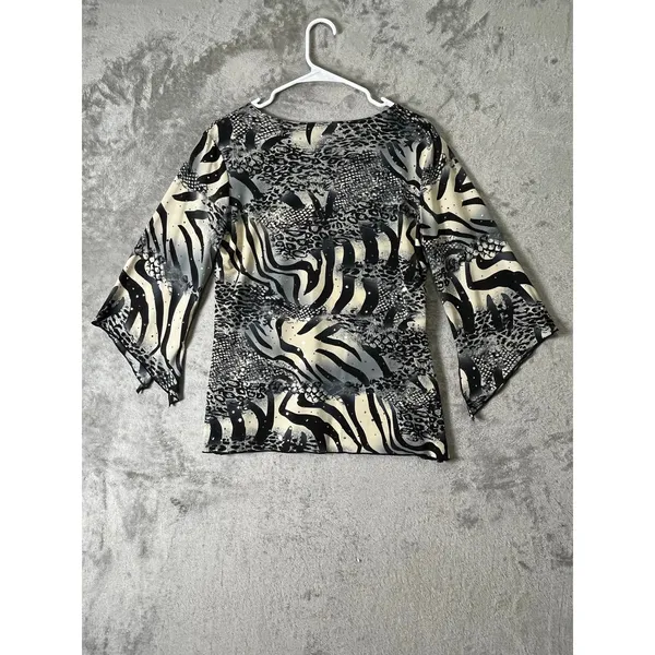 Vintage Y2K Animal Print Sequin Top Zebra Leopard Bell Sleeve Black Cream Large - Image 3