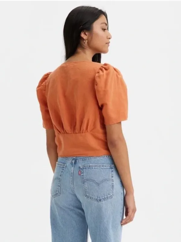 Levi's Luisa Linen Blend Rust Orange Cropped Puff Sleeve Top with Bow Tie Front - Image 2