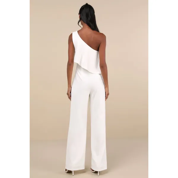 NWT Lulus Flawless Vibes White One-Shoulder Tiered Wide-Leg Jumpsuit Elegant L - Image 4
