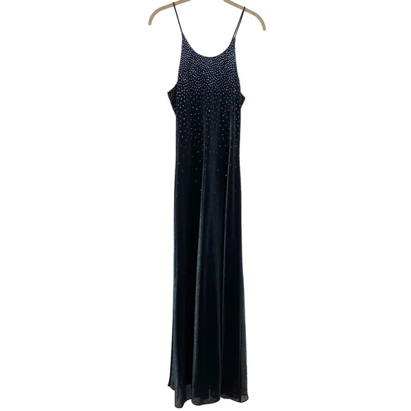 Vintage 90s Y2k Maxi Dress Jump Apparel Slinky Sparkly Metallic Black Blue Small - Image 2