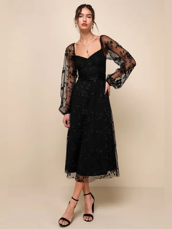 NWT Lulus Darling Charisma Black Mesh Embroidered Midi Dress S - Image 5