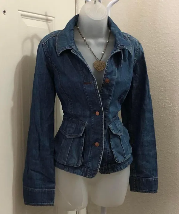 Y2K Vintage Grunge Fitted Navy Blue denim jean military cargo utility harajuku jacket shirt Top Blazer long sleeve button front-S - Image 3