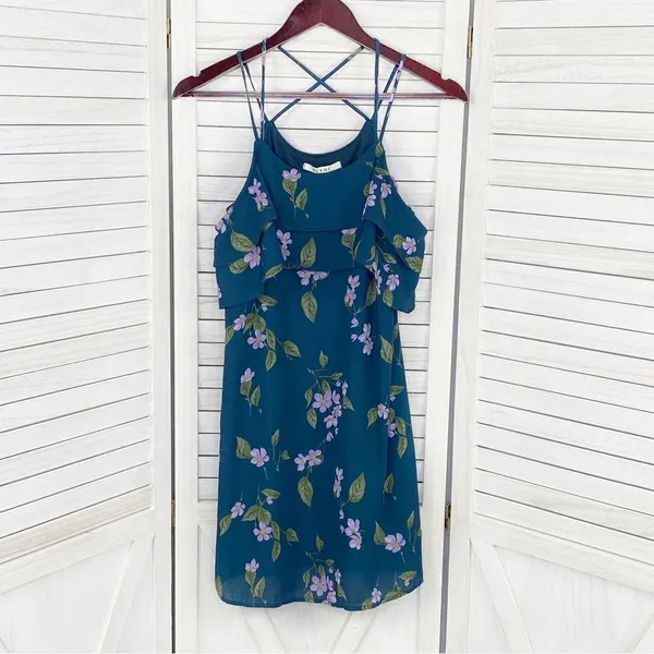 Mi Ami Francesca’s Floral‎ Cold Shoulder Tiered Ruffle Shift Dress Teal XS - Image 7