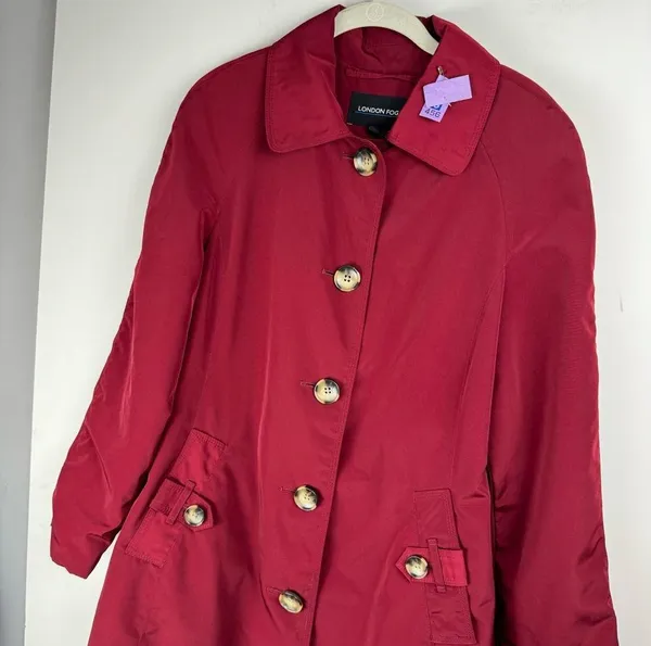 London Fog Red Button Front Trench Coat Jacket Sz Medium Plaid Flannel Lined - Image 4