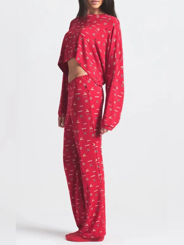 NWT SKIMS Soft Modal Blend Pajama Set Cranberry Vintage Deer Print - Image 3