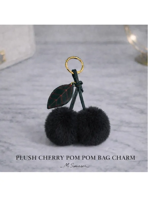 NEW Cherry Pom Pom Bag Charm Keychain Black Faux Fur NWT - Image 3