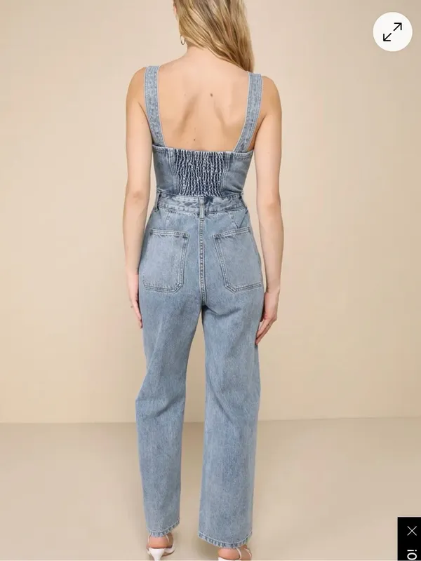 Lulus Denim Jumpsuit Sz Medium NWT Light Wash Date Night Out Brunch Bustier Fall - Image 2