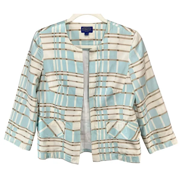 Pendleton Silk Blend Blazer Jacket 4 Blue Tan White Plaid Open Preppy‎ Summer - Image 2