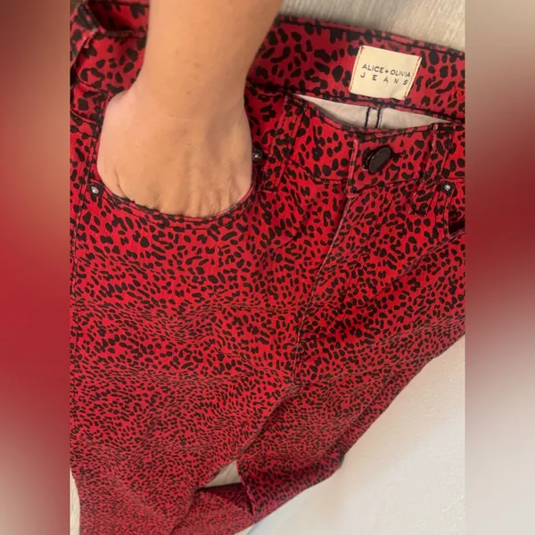 Alice + Olivia Good High Rise Ankle Skinny Jeans Red Leopard Funky Rock Size 28 - Image 4
