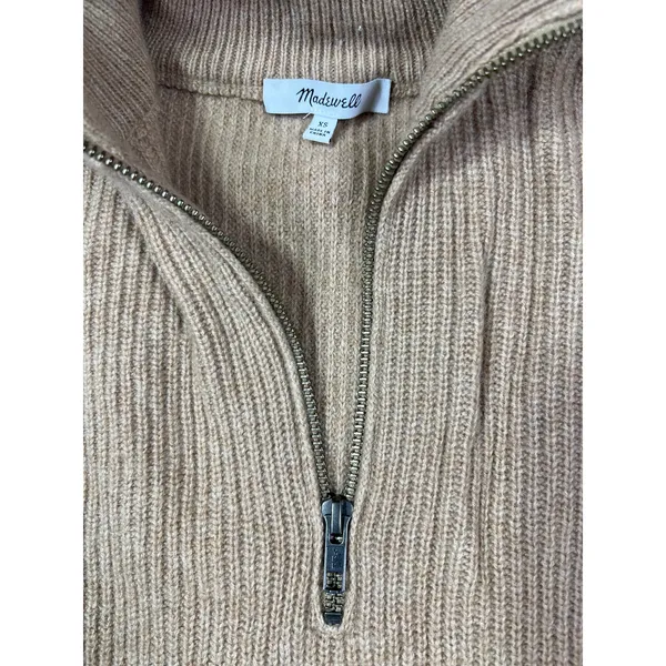 Madewell Merino Wool Sweater Quarter Zip Tan Ribbed XS Cozy Comfortable - Image 2