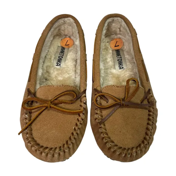 Minnetonka Cally Moccasin Slippers Womens 7M Brown Leather Faux Fur Cozy Cabin - Image 7