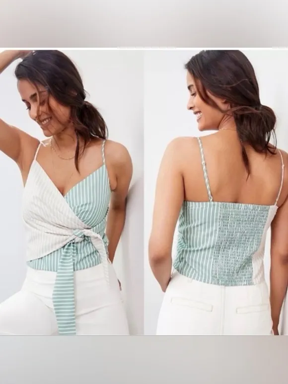 Mare Mare x Anthropologie Tie Front Striped Wrap Tank Top Green Beige Medium - Image 2