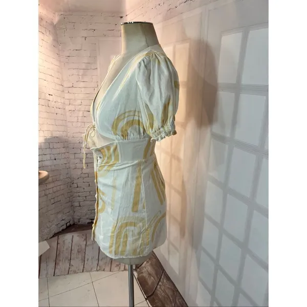 Sabo Skirt White Linen Cotton Button Down Puffed Sleeve Mini Dress Size XS - Image 4