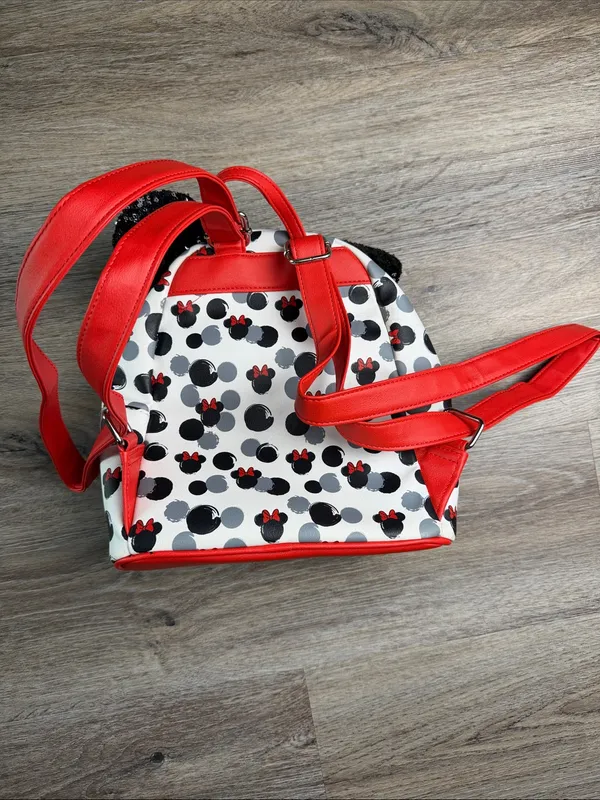 Loungefly Disney Minnie Mouse Mini Backpack Red Bow Black Sequin Ears Vegan - Image 9