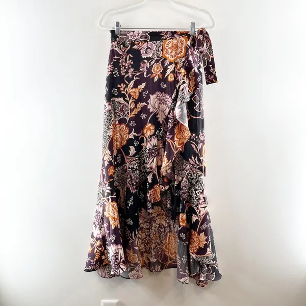 Maeve Anthropologie Wrap Side Tie Ruffle Hem Satin Floral Midi Skirt Purple XS - Image 2