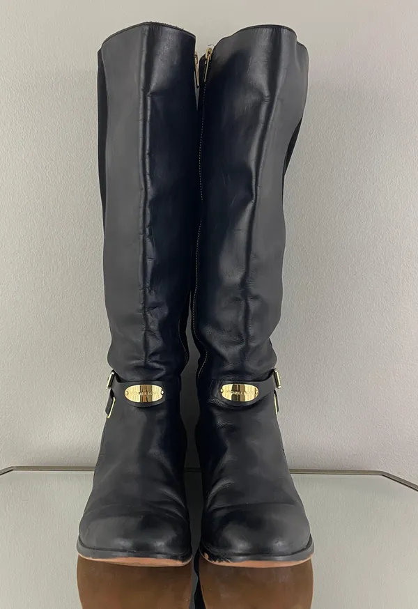 Michael Kors Black Leather Gold Hardware Buckle Arley Knee High Riding Boots - Image 11