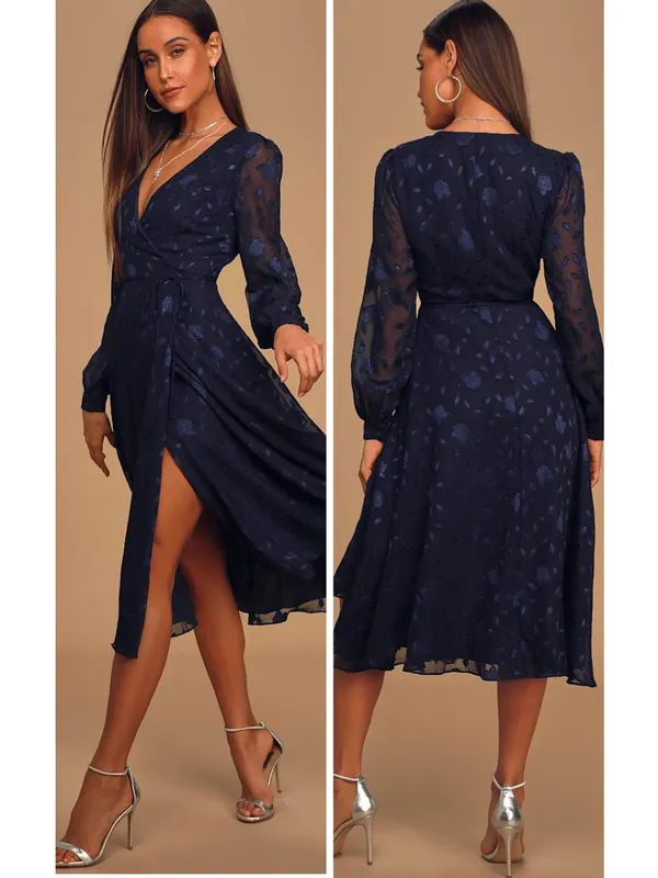 Lulus Evening of Elegance Navy Blue Floral Jacquard Wrap Midi Dress Size XL NWT - Image 2