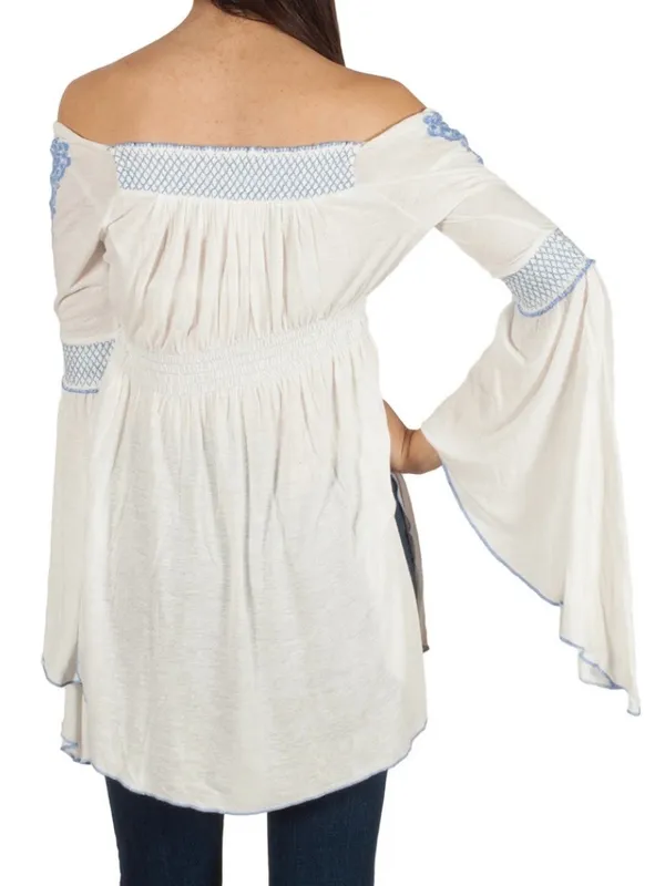 Free People Valley Linen Blend Embroidered Bell Sleve Top Size M - Image 3