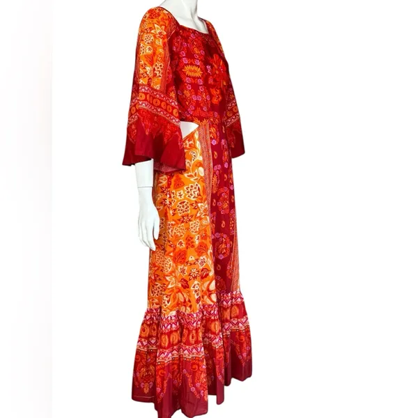 FARM Rio 100% Cotton Vibrant Red and Orange Long Sleeve Dress Size Medium - Image 3