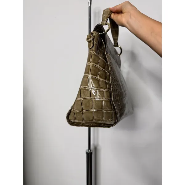 Brahmin Crocodile Embossed Leather Satchel Taupe Olive Top Handle Crossbody Bag - Image 3