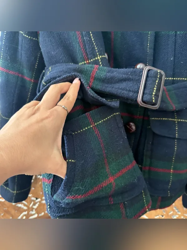American Eagle Y2K Plaid Belted Wool Peacoat. Navy Green Red - Image 7