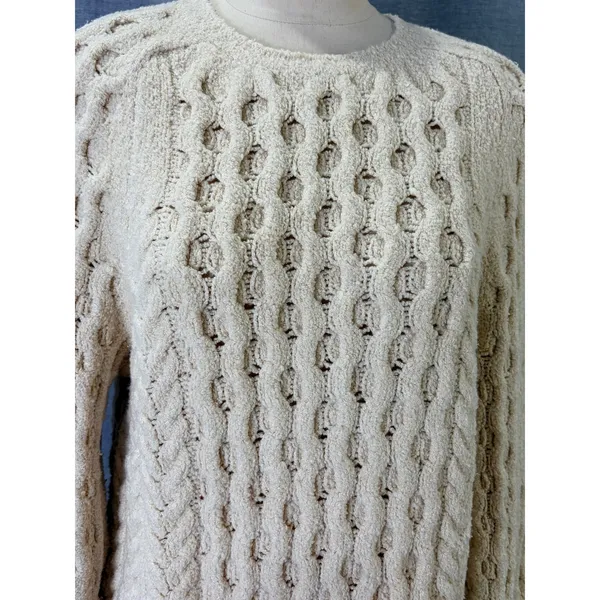 J.Crew Cream Openwork Cable Knit Cotton Sweater Bell Sleeve Large - Image 4