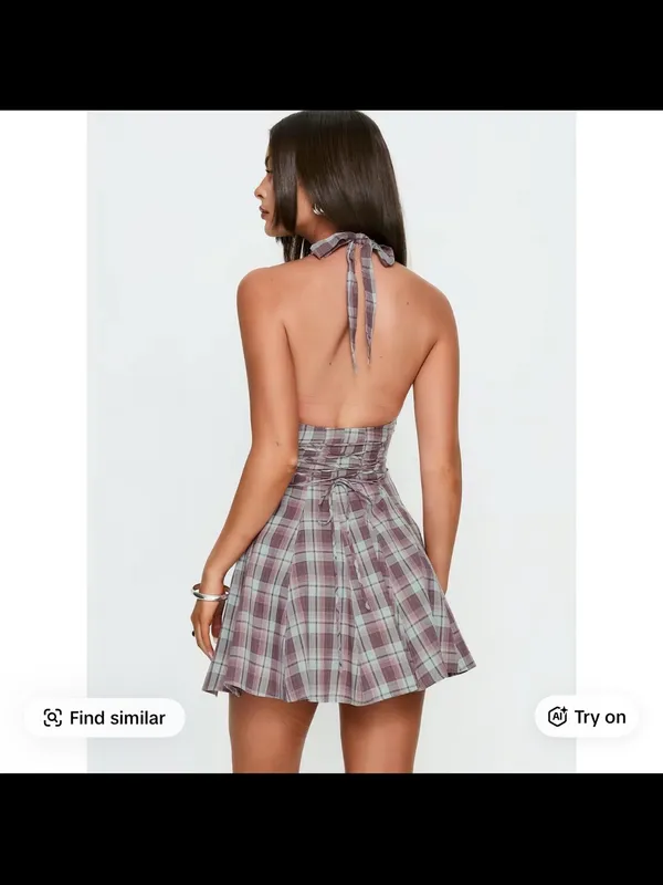 Princess Polly Plaid Halter Mini Dress in Mauve and Sage - Image 3