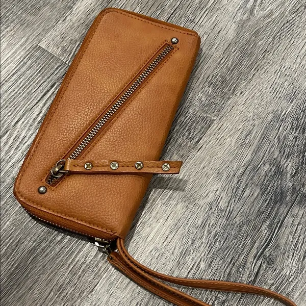 Free people NWOT vegan distressed studded brown zipper wristlet wallet - Image 9