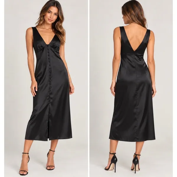 NWOT ASOS DESIGN Black Satin Midi Dress Button Front Deep V Sleeveless US 2 - Image 2