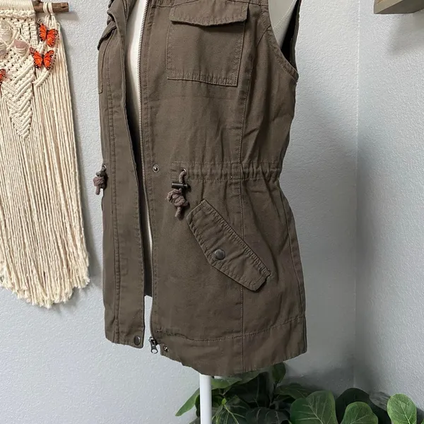 Sebby Olive Green Zip Up Military Vest Sleeveless 100% Cotton Granola Goblincore - Image 3