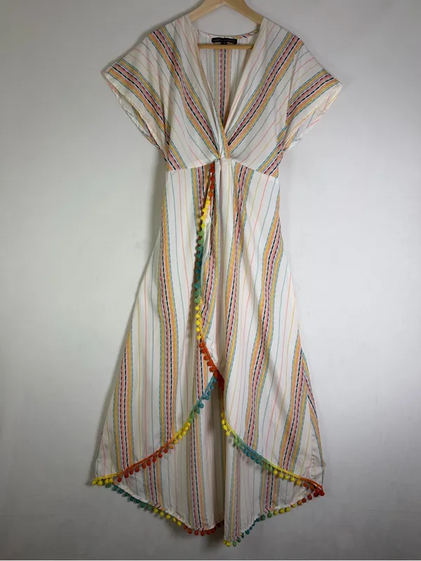 America & Beyond M Rainbow Stripe Pom Pom Maxi Dress Boho Resort Beach Vacation - Image 2