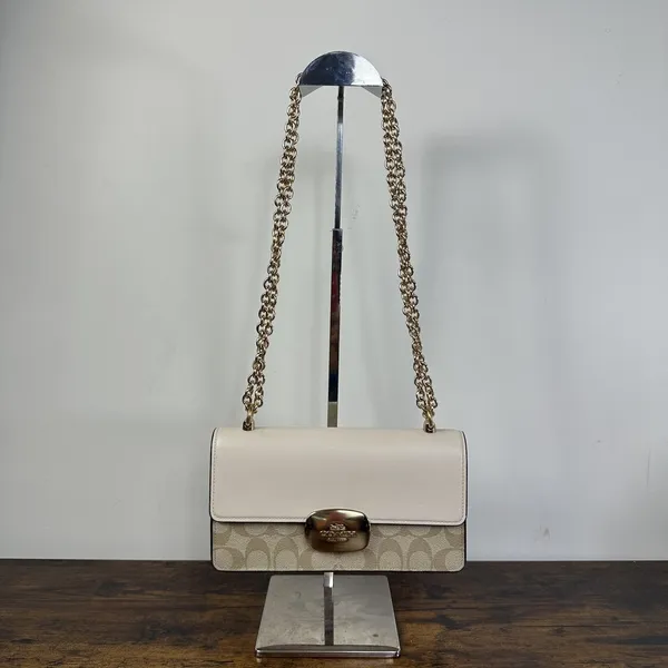 Coach Signature Crossbody Bag Womens Small White Leather Canvas Chain Strap - Image 4