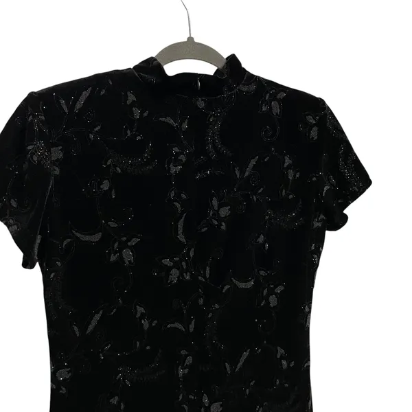 Dress Barn Black Velvet Floral Sparkle Mandarin Style Maxi Dress Size 12 - Image 5