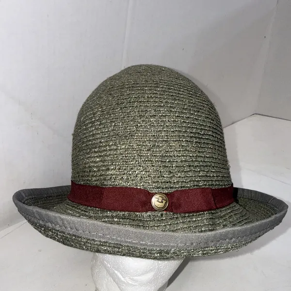 Goorin Bros Paper Woven Straw Fedora Hat Olive Green Burgundy Band Adult Small - Image 14