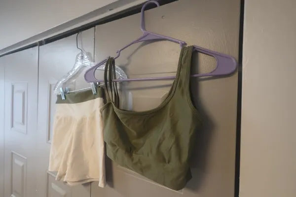 Workout exercise loungewear casual summer active shorts and one should top sports bra set in olive green and beige - Image 2