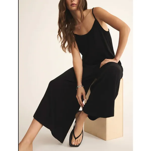 Z Supply Textured Flared Wide Leg Cropped Waistless Jumpsuit Black Medium - Image 2