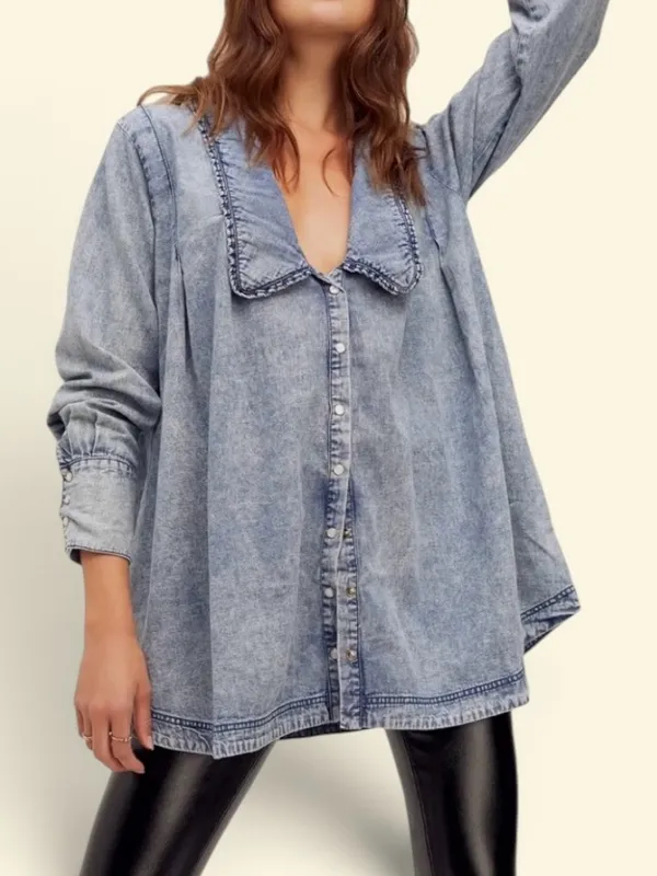 Free People Ruffle Collar Denim Swing Blouse - Lightest Indigo Blue SZ Amall - Image 4