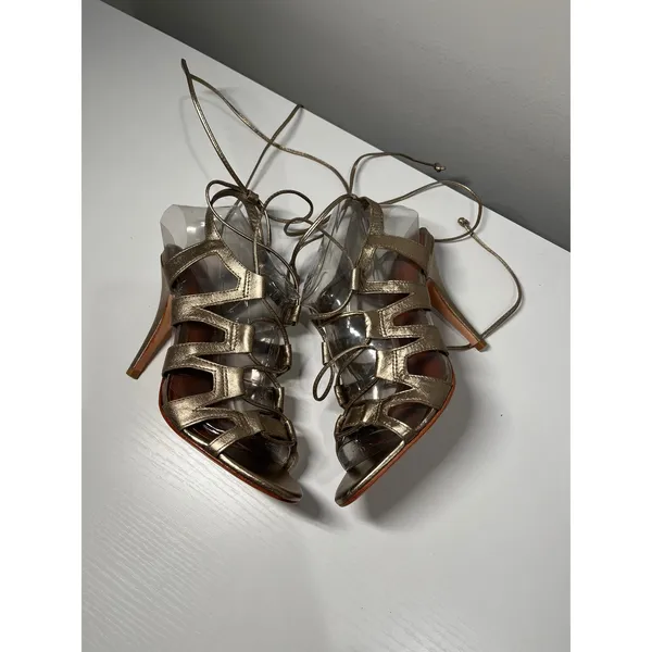 ALDO Metallic Gold Lace Up Gladiator Stiletto Sandals Leather Sole Womens 37‎ - Image 4