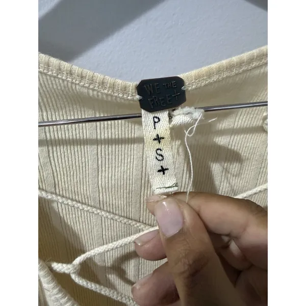 We The Free Cream Ribbed Knit Lace Up V Neck Long Sleeve Top Sz S W - Image 2