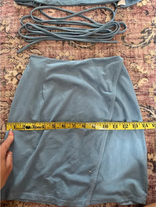 Lucy in the Sky Suede Two-Piece Baby Blue Set Skirt and Tie Around Top - Image 6