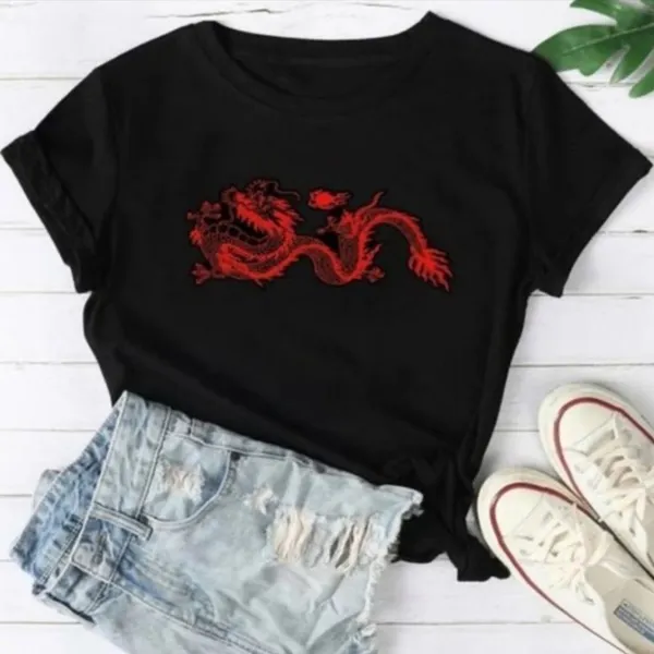 SHEIN Cropped T-Shirt Womens Small Black Red Dragon‎ Cropped Graphic Crew Neck - Image 5