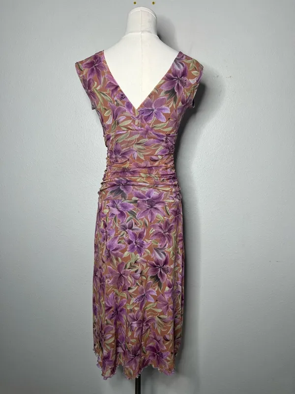 90s Vintage Purple Floral Mesh V Neck Ruched Drop Waist Dress Preppy Party - Image 2