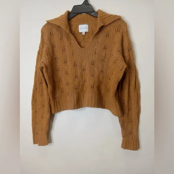 Pink Rose Camel Brown Open Knit Collared Cropped Sweater -‎ Size M - Image 2