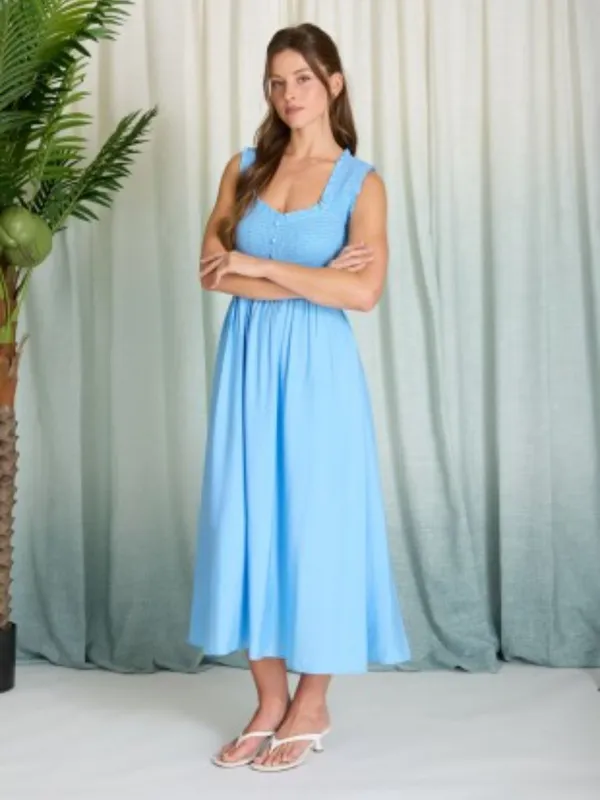 Light Blue Smocked Midi Dress V-Neck Button Front Ruffle Small - Image 5