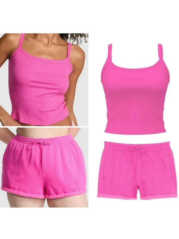 VICTORIA’S SECRET PINK Rib Cami & Campus Fleece Rolled Hem Shorts Pink Gossip L - Image 2