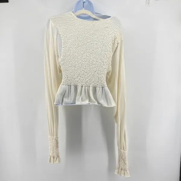 Free People Free Spirit Smocked Crop Top S Ivory Cream Peplum Ruffle Knit Blouse - Image 7