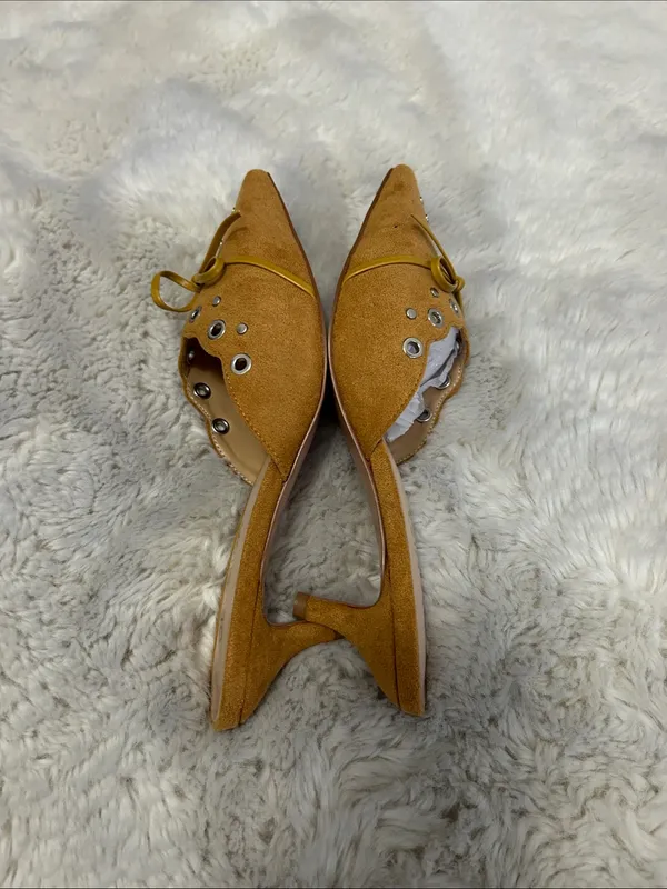 Olomisa Faux Suede Kitten Heel Mules Mustard - Image 7