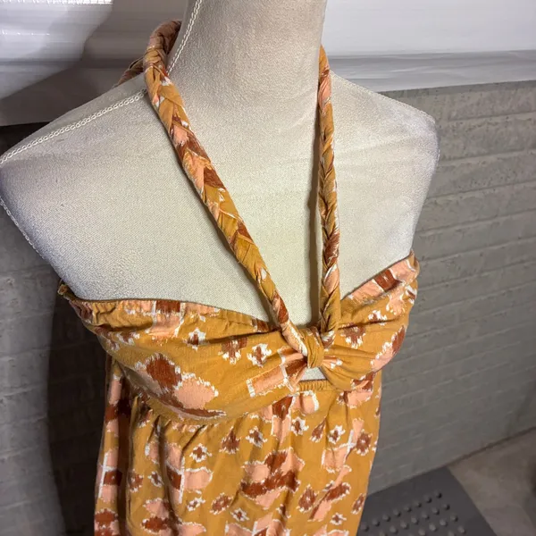 Aerie Orange Ikat Print Braided Halter Midi Dress Smocked Back Small - Image 5